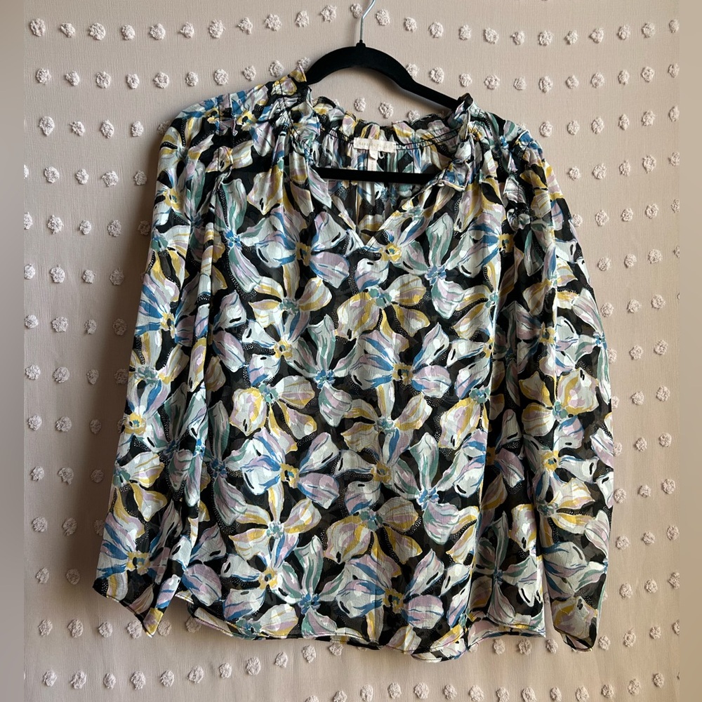 Rebecca Taylor Long Sleeve Button‎ Bow Fleur Top Silk Blend Sz M Black Combo